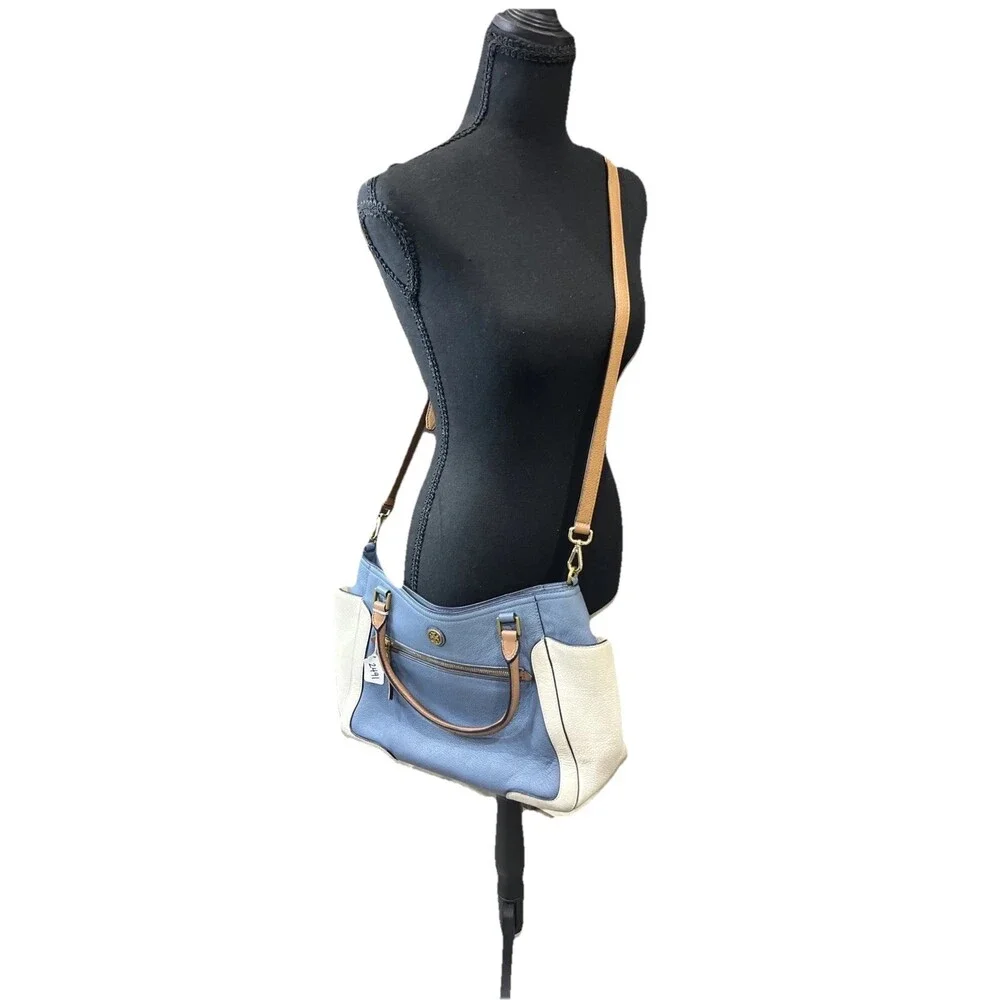 Tory Burch Frances Colorblock Satchel Pebbled Leather Handbag Comet Blue/White